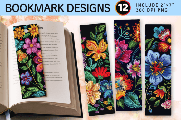 Flowers Embroidery PNG Bookmark Design for Apparel